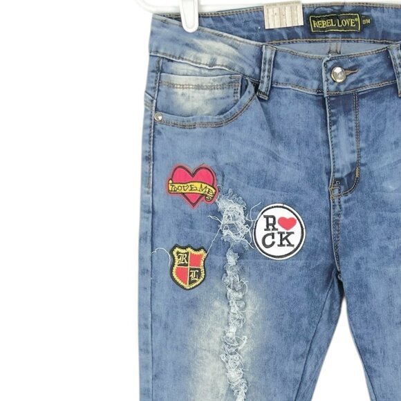 Rebel Love Women Distressed Patch Mid Wash Blue Skinny Stretch Jean Sz 13/14 NWT - Picture 5 of 14
